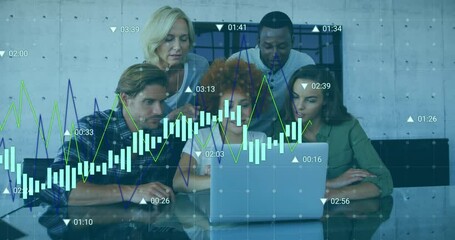 Poster - Animation of financial data processing over diverse business people in office with laptop