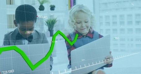 Poster - Animation of financial data processing over diverse schoolchildren with laptop