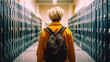 Young man with blonde hair walking toward light school library down a corridor