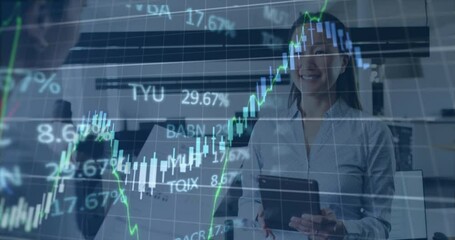Poster - Animation of financial data processing over diverse business people in office