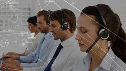 Poster - Animation of network of connections over diverse business people with phone headsets