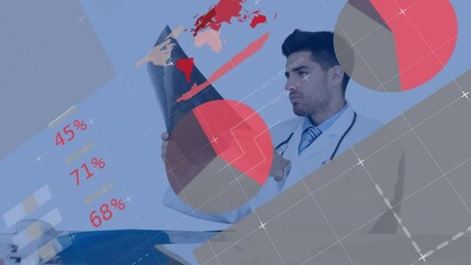 Poster - Animation of financial data processing over caucasian male doctor with x ray scan