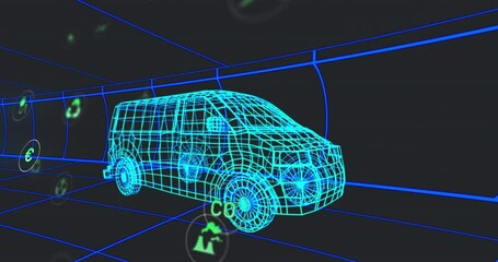 Poster - Animation of multiple digital icons over 3d van model moving in seamless pattern in a tunnel