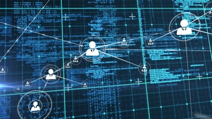 Poster - Animation of network of profile icons and data processing against blue background