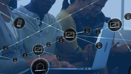 Poster - Animation of network of digital icons against diverse colleagues discussing at office