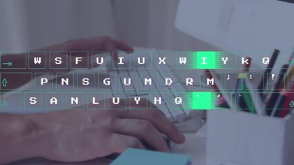 Poster - Animation of virtual keyboard data processing against mid section of man using computer
