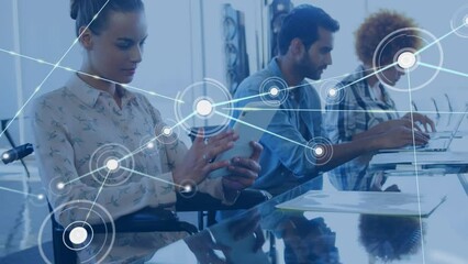 Poster - Animation of network of connections against caucasian woman using a digital tablet at office