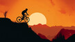 Leinwandbild Motiv Silhouette of a mountain biker on a sunset background.