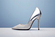 Stepping Into Luxury: Diamond-Studded High Heels Against A Sleek Silver Background