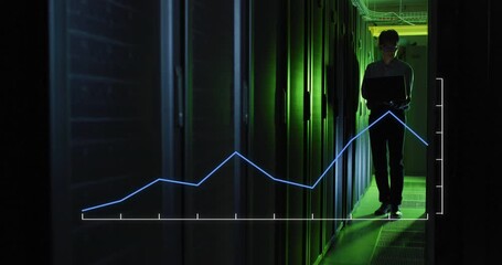 Poster - Animation of line graph showing growth over asian male engineer with laptop checking server racks