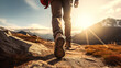 Hiking man with backpack hiking in the mountains. Hiking concept