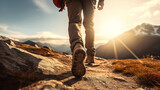 Fototapeta Sport - Hiking man with backpack hiking in the mountains. Hiking concept