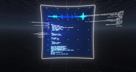 Poster - Animation of hud interface screens with graphs and computer language moving on abstract background