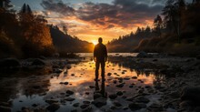 Sunset On The River, Landscape Nature With Sunrise Over Water, Man Standing In River On Rocks
