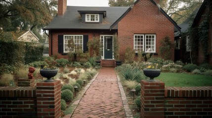 Cozy cottage-style house exterior in a suburbian area with terracotta brick walls and old fashioned shutters