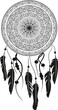 Drawing of a dreamcatcher with feathers abd beads, in ethnic tribal stile, black line art on white background