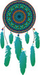 Drawing of a dreamcatcher with feathers abd beads, in ethnic tribal stile, in turquoise colors