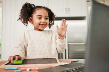 Poster - Hello, video call and a child with a laptop for elearning, home education and studying online. Happy, wave and a girl student with a greeting for virtual school, classroom or a kindergarten webinar
