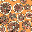 Seamless pattern with hand-drawn linear art cut grapefruits on orange background