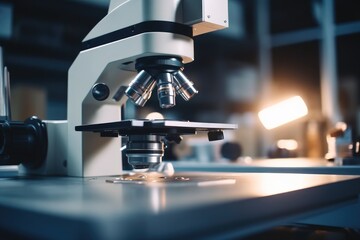 Poster - Close-up shot of microscope with metal lens at laboratory.