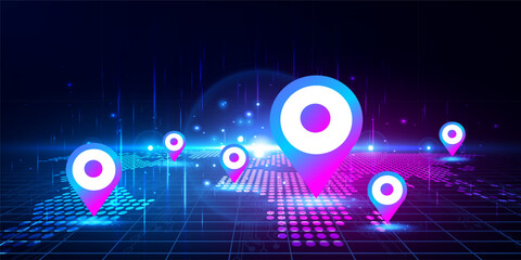 abstract map gps pin navigation, digital technology cloud futuristic blue pink background, cyber sci