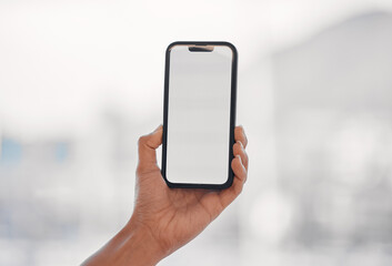 Aufkleber - Closeup, mockup and hand with a smartphone, screen and social media with network, connection and email. Cellphone, person and contact with mobile app, blank ux and chat with data, sms and message