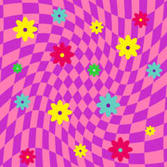 Wall Mural - Pink psychedelic squares geometric pattern with flowers. Optical illusion background 60s