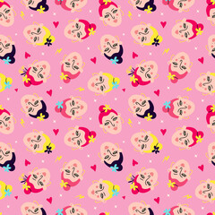 Wall Mural - Pink vibrant pattern with comical funny girly faces,