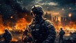 © visoot - Military soldier, Soldier in the middle of a war in destroyed city.