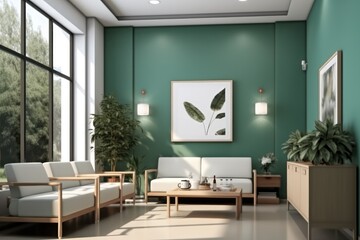 Poster - Lobby and reception of medical clinic, Green themed doctors office medical waiting room.