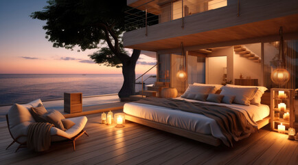 Bed, Hotel room with beach at night.