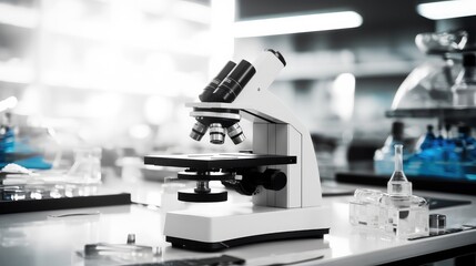 Poster - microscope in lab, light microscope objective lenses.