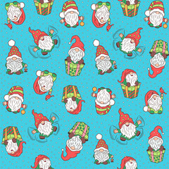 Wall Mural - Christmas gnomes seamless pattern. Cute scandinavian gnome repeat design. Fun cartoon characters little gnomes pattern tile for Christmas wrapping paper, textile print, fabric design, surface design.