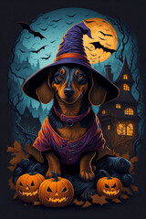 Wall Mural - dachshund in a witch hat ready for halloween at night in a grove with pumpkins and bats