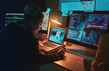 Aufkleber - Cybersecurity, woman and writing global location info with map graphic for phishing and hacker data. Cyber crime, employee and technology for firewall hacking and ransomware coding for software