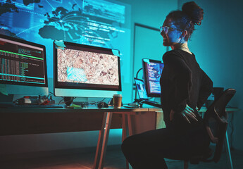 Fototapete - Woman, back pain and computer programmer, software engineering or cybersecurity at night, stress and pain. Fatigue, spine problem and tired IT person on monitor, satellite coding or data surveillance