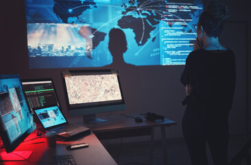 Poster - Cybersecurity, woman thinking and global network tech for phishing, ransomware and cyber terrorism search. Maps, digital database and IT in dark room for virtual malware hacking fix of employee