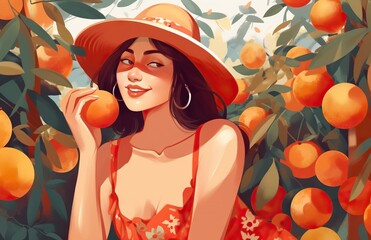 Wall Mural - girl in the garden with fruit