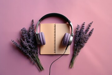 Wall Mural - Lavender flowers in a bouquet on a pink background a phone, a headset, and some writing supplies. Generative AI