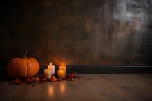 Halloween Pumpkin And Candle On Wood Floor With Copy Space