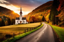 Church In Autumn Generated Ai