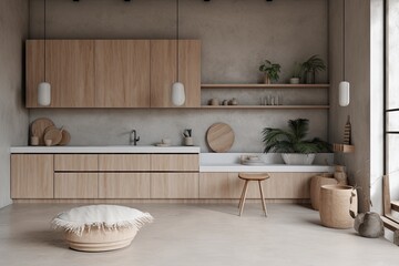 Wall Mural - Interior of a modern, contemporary living and kitchen space. wood and white colors. Generative AI