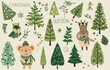 Christmas poster with winter trees, stars, snowflakes and forest animals, cute koala, funny deer. Seasonal poster with holiday symbols. Perfect for web, banner, card. Vector.