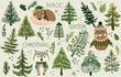 Christmas poster with winter trees, stars, snowflakes and forest animals, cute bear, sleep wolf. Seasonal poster with holiday symbols. Perfect for web, banner, card. Vector.