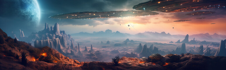 Wall Mural - Wide-angle shot of Fantastic landscape with huge UFO against mountains, rocks and unusual sky with dramatic clouds. Futuristic alien wallpaper.