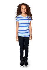 Portrait, happy and fashion for children with a girl isolated on a transparent background for youth style. Kids, smile and clothes with a cute young female teen posing in a trendy outfit on PNG