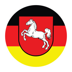 Wall Mural - Circle badge coat of arms over flag of Lower Saxony, German. Vector flag Lower Saxony button roundel illustration isolated on white background. Province in Germany banner, Niedersachsen. 