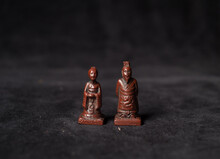 Chinese Vintage Chess Piece Of King And Queen Portraying Terra Cotta Army Of First Emperor Of China Named Qin Shi Huang