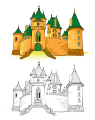 Colorful and black and white template for coloring. Fantasy illustration of a medieval French castle. Ancient architecture. Worksheet for coloring book for children and adults. Flat cartoon vector.