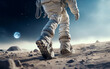 Spaceman walking on the moon, close-up on boots